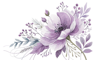 Watercolor Floral Arrangement with Purple Anemone and Leaves