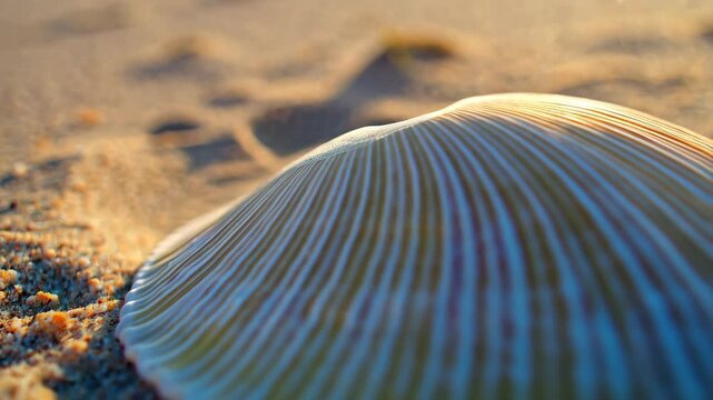 Elegant seashell rests on warm sandy beach under golden light, detailed texture visible in shell striations, summer vacation concept