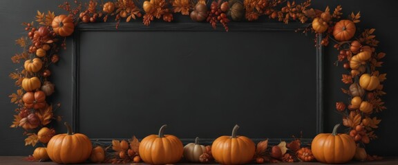 Elegant black chalkboard frame, meticulously arranged pumpkins, autumn leaves creating a symmetrical design ,  still life,  pumpkin spice
