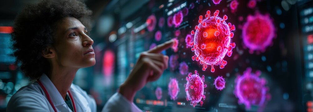 Researcher presents HIV virus structure in modern lab with vibrant color highlights