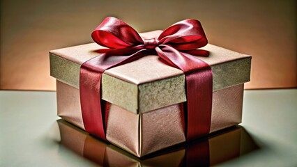 Obraz premium A gift box wrapped in shimmering gold paper with a vibrant crimson ribbon tied in a classic bow, showcasing the anticipation and joy of a special occasion.