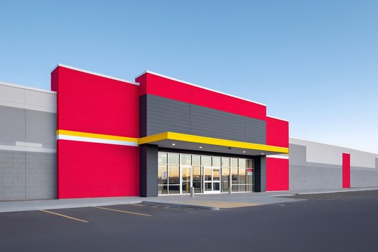 Generic retail supermarket exterior with bold color facade in red gray and yellow, empty parking lot, clean architectural lines, evening light