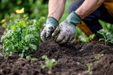 Fototapeta premium Gardener planting seedlings in rich soil