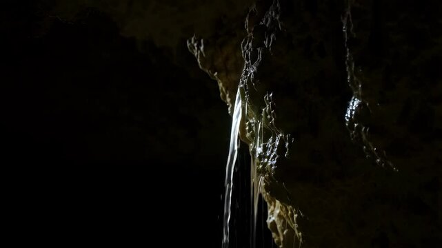 Cave Interior with Water Droplets and Flowing Stream. The Stream of water is falling from the roof of the cave with darkness