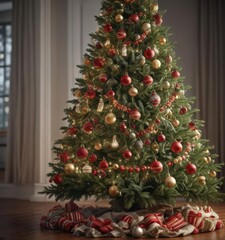 A beautifully decorated Christmas tree with ornaments and garland ,  silver,  tradition