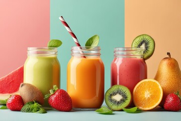 Fresh smoothies in jars surrounded by assorted colorful and vibrant fruits