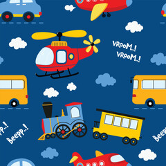 Cute Cartoon Vehicles Seamless Pattern. Cartoon transportation background. Ideal for kids' fabric, textile, wrapping, and apparel.