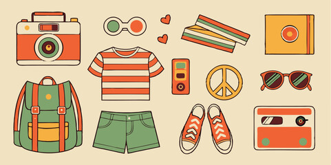 Retro cartoon illustration of fashion and travel elements on a white background