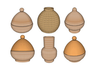 Ceramic tableware, 3D, set of jugs, pots, cups with lids, vases, beige, on a transparent background