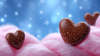 Fototapeta premium Close-Up of Fluffy Pink Cotton Candy with Chocolate Hearts on a Dreamy Blurred Blue Background