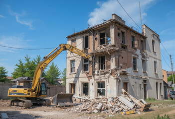 A yellow excavator is digging up the ground next to a building that is in the pr