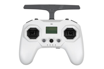White drone remote controller with screen and dual joysticks, isolated on transparent back © solidmaks