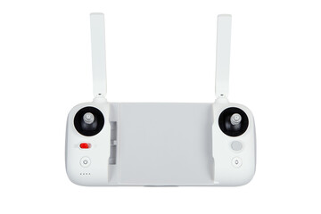 White drone remote controller with smartphone holder and dual antennas, isolated on transparent back