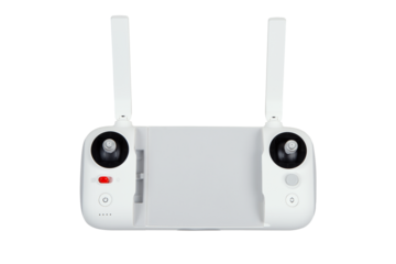 White drone remote controller with smartphone holder and dual antennas, isolated on transparent back