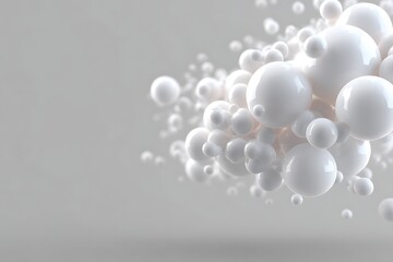 Cluster of floating atoms in upper right corner on solid neutral gray background with ample copy space,