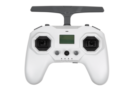 White drone remote controller with screen and dual joysticks, isolated on transparent back
