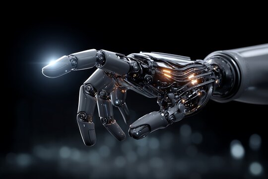 Close-up of a robotic hand with visible sensors and wires interacting with a digital touch interface in studio lighting,