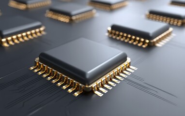 Cybernetic implant chips aligned on solid matte gray background, sharp focus with surrounding blank space,