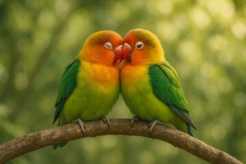 Fototapeta premium Two lovebirds are perched close together on a branch of a tree.