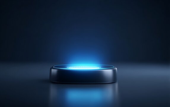 Digital fingerprint scanner glowing on gray table, solid blue background with copy space,
