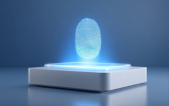 Digital fingerprint scanner glowing on gray table, solid blue background with copy space,