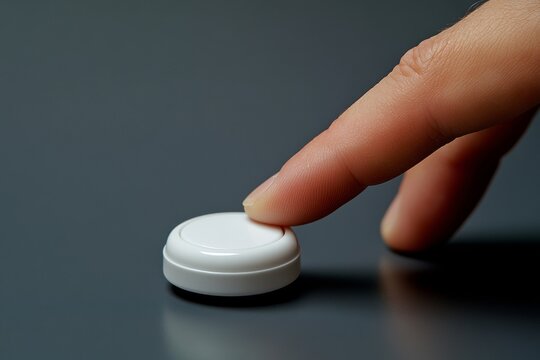 Close-up of a Finger About to Press a White Round Button on a Dark Gray Surface, Representing Choice, Decision, Action, and Technology