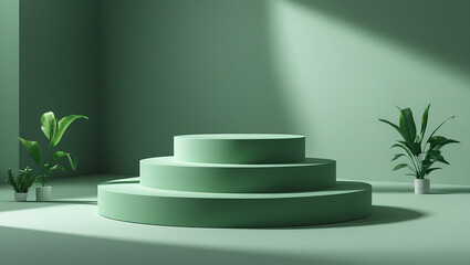 Obraz premium Flat green circular stage podium design in modern room with sunlight and indoor potted plants.