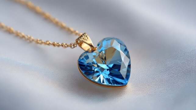 Heart-shaped blue gemstone pendant on gold chain with soft fabric background