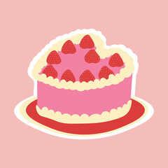 Cute romantic cake with cream and strawberries on a pink background. Hand-drawn birthday romantic cake