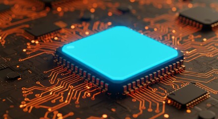 Central Processing Unit Technology - Close-up of a glowing blue CPU chip on a circuit board, showcasing advanced technology
