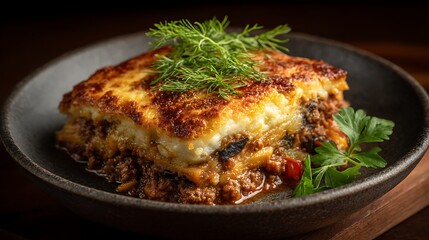 Delicious Moussaka with ground beef eggplant dish.