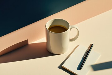 Minimalist coffee cup and notepad on pastel desk background, creative workspace concept