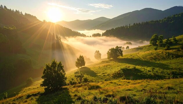 Lush green valley shrouded in morning mist, sun rays breaking through fog, realistic textures and colors, full-resolution photography