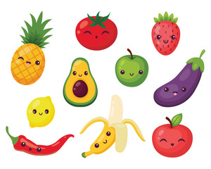 Set of cute kawaii fruits, vegetables and berries. A set of healthy food elements on a white background. Hand drawn, vector illustration
