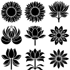A collection of nine black floral silhouettes, including roses, hibiscus, lotus, sunflowers, and daisies, arranged in a grid on a white background, showcasing diverse flower shapes and styles.