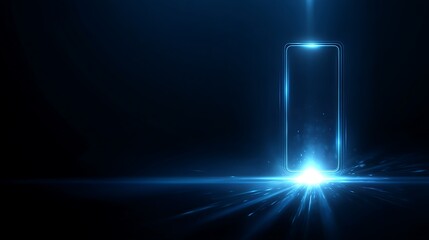 Glowing biometric scanner interface isolated on dark navy blue background with wide copy space area,