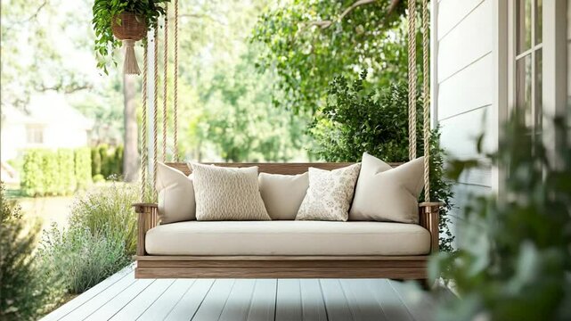 Serene Porch Swing: Relaxation and Comfort in a Tranquil Garden Setting