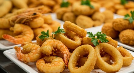 Delicious Fried Seafood Platter - Crispy fried shrimp and calamari rings, garnished with fresh parsley. Perfect for a seafood feast