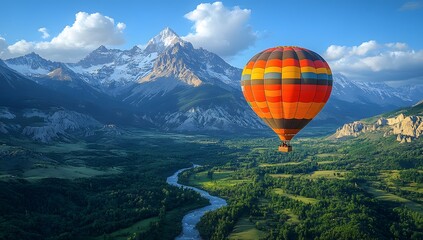 Fototapeta premium Hot Air Balloon Over Lush Valley with Snow-Capped Peaks and Wind