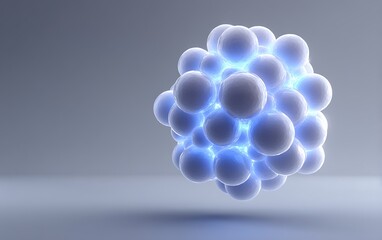 Glowing molecule sphere hovering near bottom right on neutral gray gradient with large negative space,