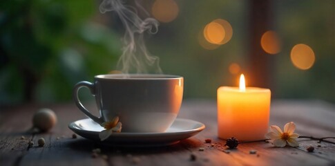 A tranquil scene of a steaming mug beside a soothing, dimly lit candle, evoking feelings of calm and rest  Perfect for websites or blogs promoting relaxation and well-being ,  quiet,  relaxation