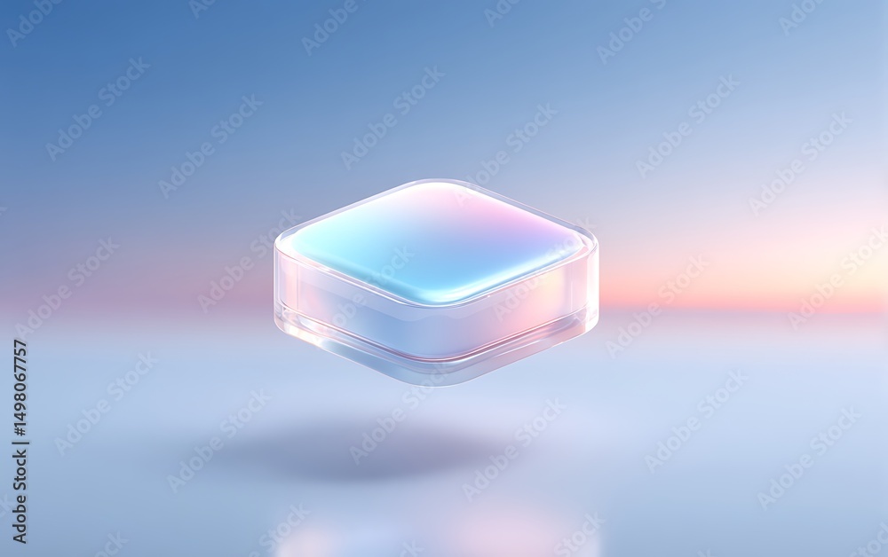 Fototapete Holographic data node floating lower-left on pastel sky blue gradient background with clean negative space,