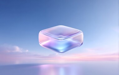 Holographic data node floating lower-left on pastel sky blue gradient background with clean negative space,