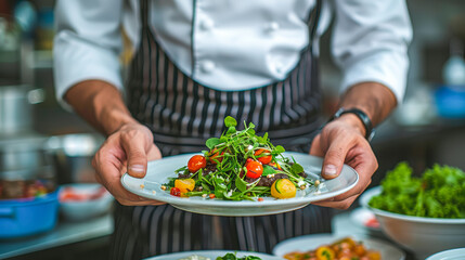 Chef presenting a vibrant salad dish with fresh ingredients in a professional kitchen setting