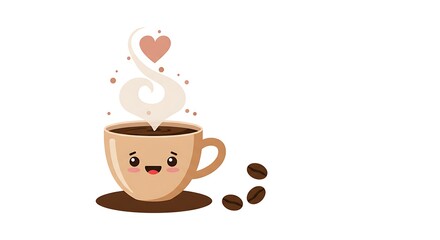 Cute Coffee Cup Vector with Smiling Face and Steam Hearts

