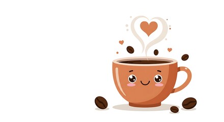 Cute Coffee Cup Vector with Smiling Face and Steam Hearts

