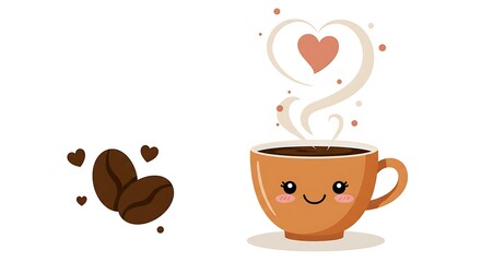 Cute Coffee Cup Vector with Smiling Face and Steam Hearts

