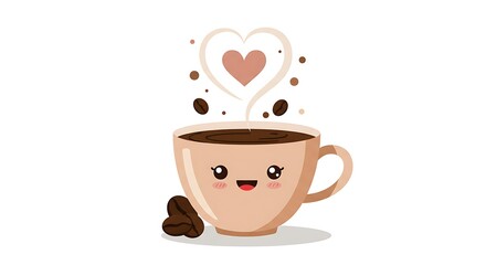 Cute Coffee Cup Vector with Smiling Face and Steam Hearts

