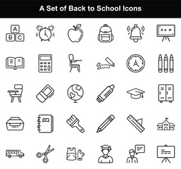 School Elements Icon Set Learning, Clock, Apple, Globe, Supplies with Transparent Background