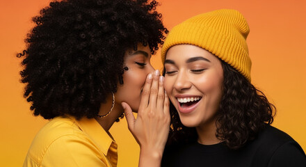 Two happy young women sharing secret whispering and laughing on vibrant orange background